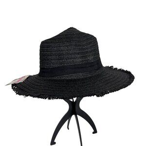 Fashion Hat Woven Fringed Sun Hat Grosgrain Ribbon Band Black NWT 9037